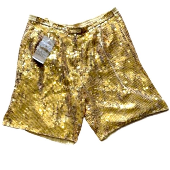 🩳🌈 RINA Z Vintage 80s Gold Silk Sequin Shorts | NWT XL Studio 54 Disco PRIDE - Picture 1 of 13